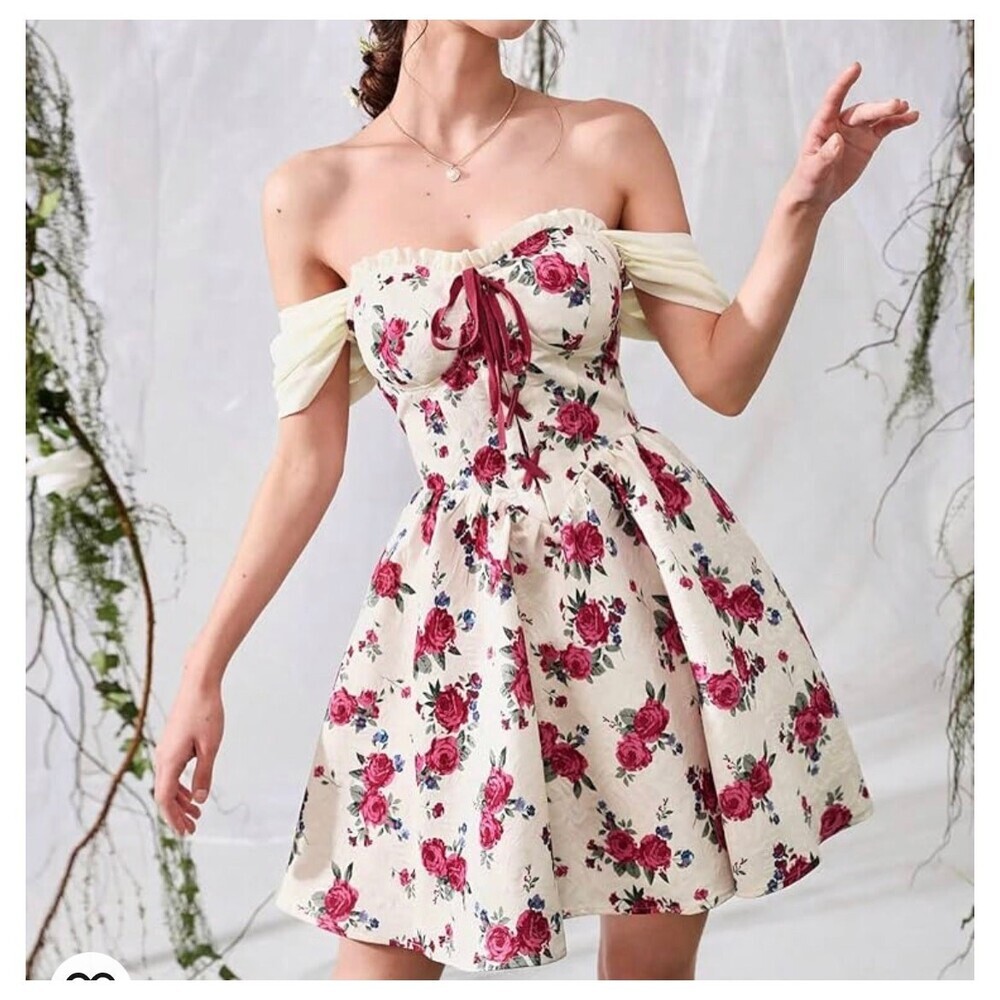 Women's Dress Floral Print Off Shoulder Lace Up Front peasant corset top short S